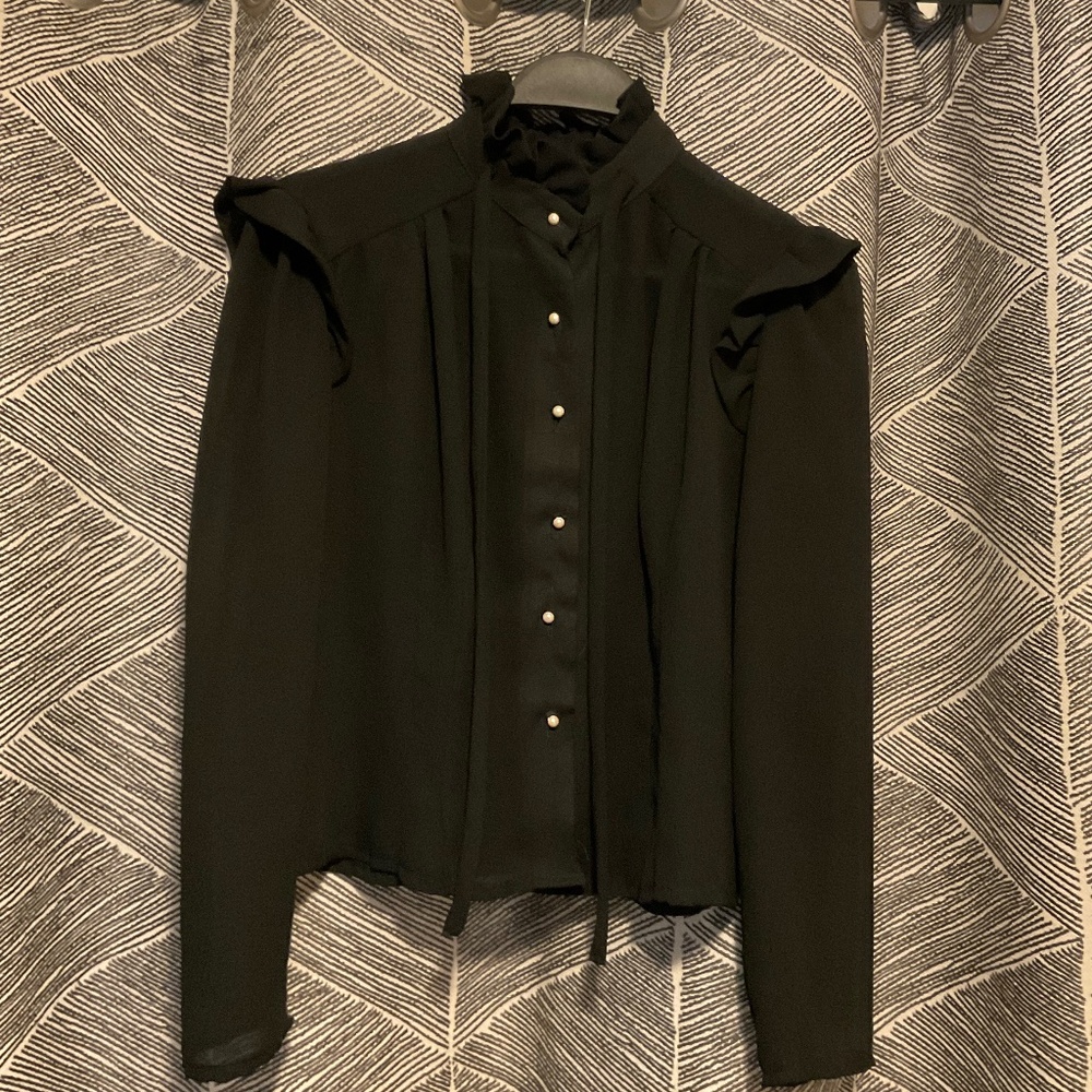 True vintage high ruffle collar black front button cover up